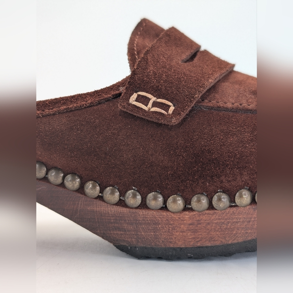 Michael Kors Women Sz 8 Studded Italian-Made Brown Suede Leather Clog Wood-Soles - Picture 4 of 17